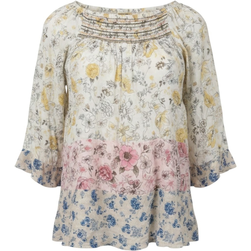 Democracy Floral Coastal Peasant Top Sz Small Multicolor Smocked Neck 3/4 Sleeve
